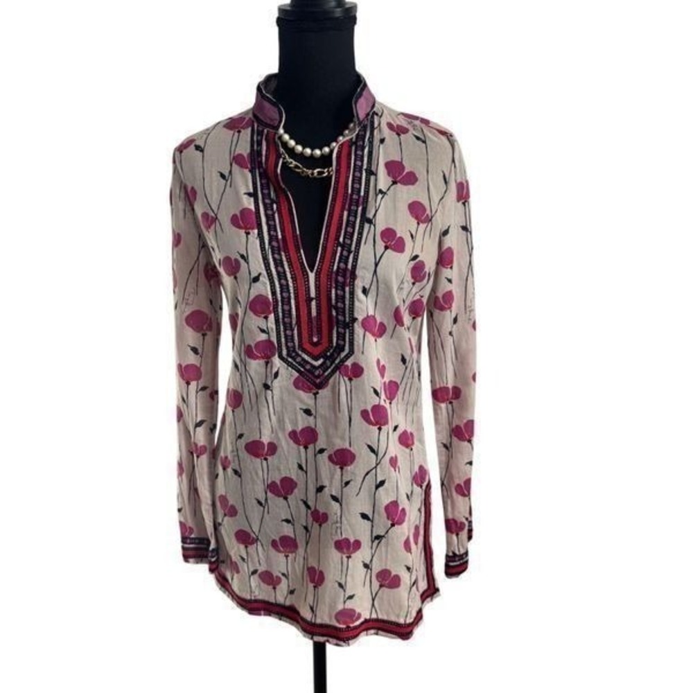 Tory Burch Pink Floral Print Cotton Tunic Top Long Sleeve Blouse - Picture 2 of 11